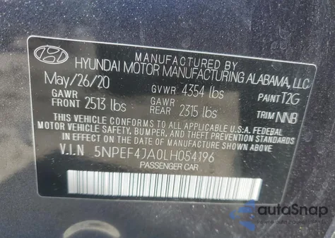 2020 Hyundai Sonata Sel из США, поврежденный, VIN 5NPEF4JA0LH054196